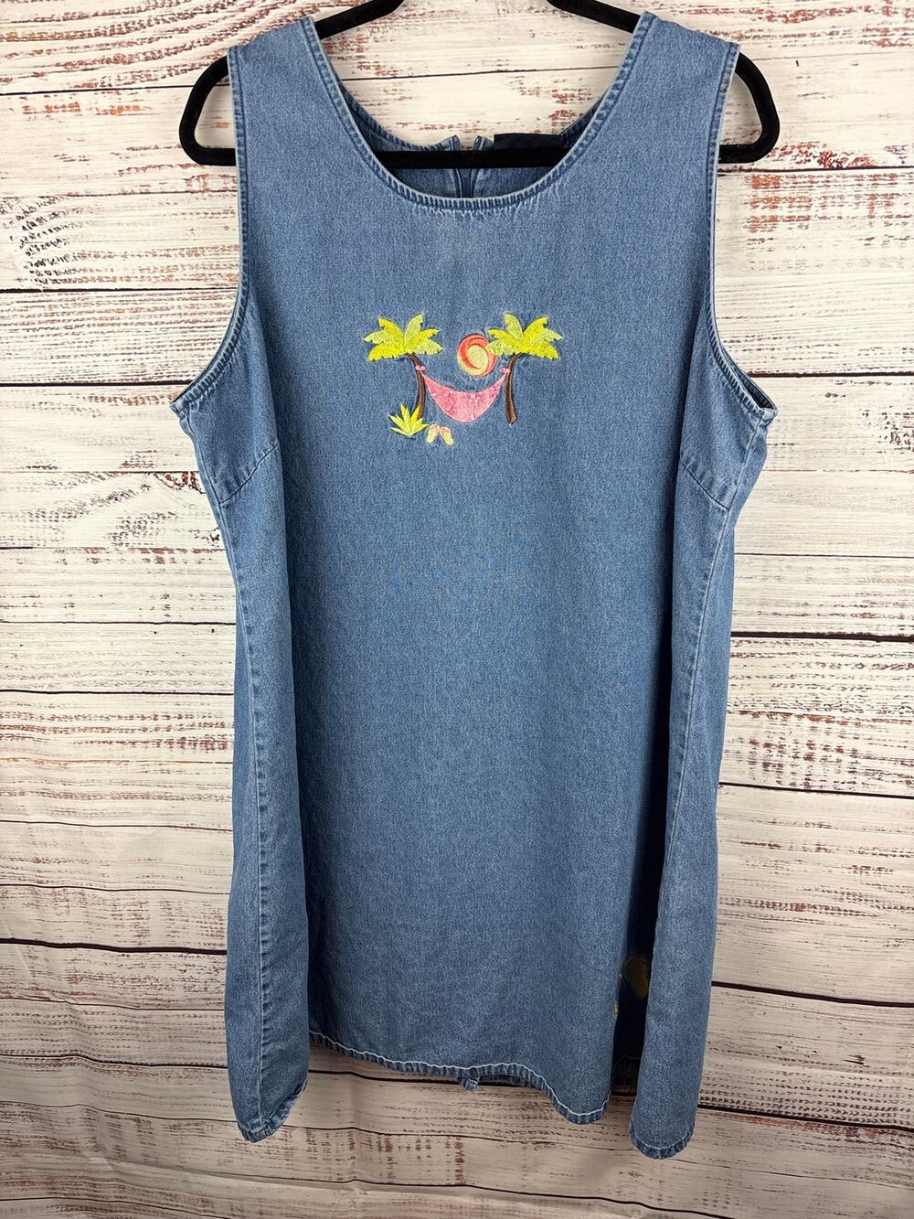 Womens VTG CB Casuals Denim Sleeveless Dress Embroidered Beach Palm Tree Size 2X